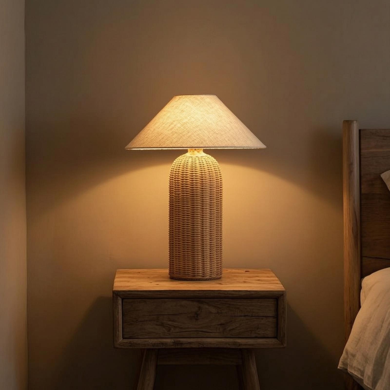 Home Textile - Bedlampje met rotan voet en stoffen